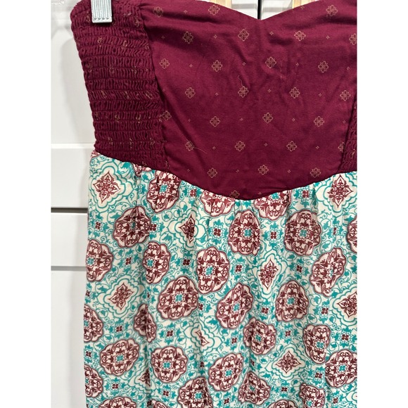 Roxy Womens Strapless Maxi‎ Dress Burgundy Teal Medallion Smocked Top XS - Picture 2 of 6